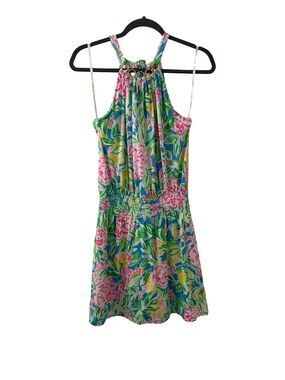 Lilly Pulitzer Green Pink Blue Floral Halter Dress with Gold Rings
